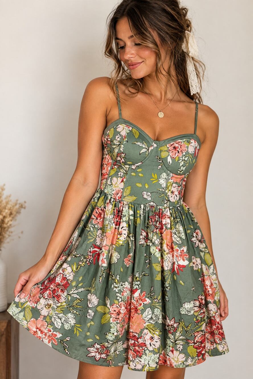 B.O.G. Collection Sage Green Floral Bustier Sundress Small Cottagecore Prairie